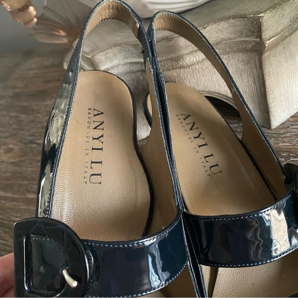 Anyi Lu Tulip Mary Jane Patent Leather Slingback Heels Pumps Navy Blue 39 / 8.5 - Picture 10 of 16